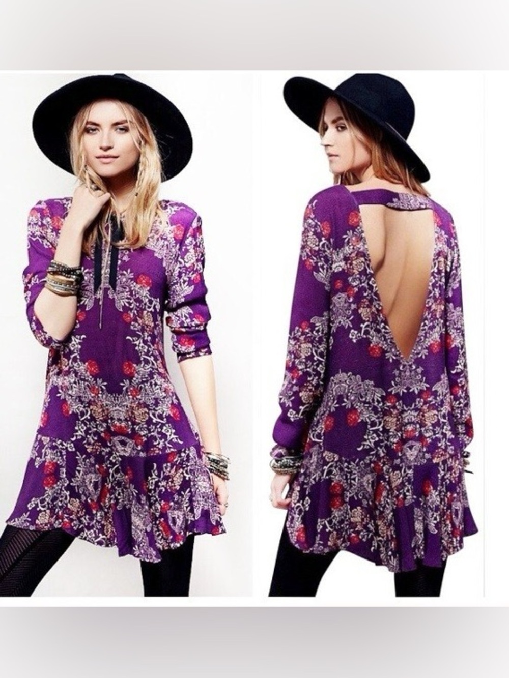 FREE PEOPLE Smooth Talker Floral Open Back Mini Tunic Dress Purple Size XS